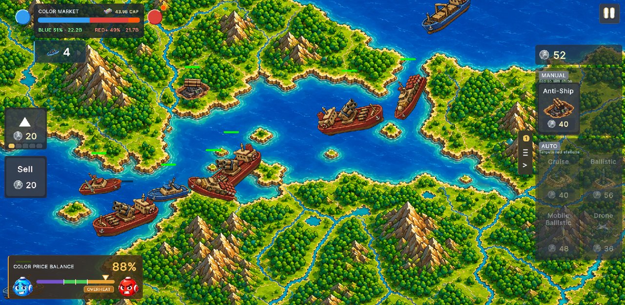 Hue Wars gameplay: Blue defenses protecting a route while Red traffic moves through the Color Lands
