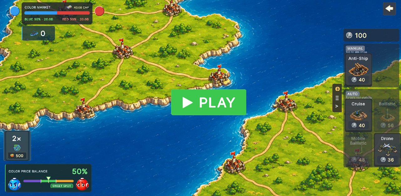Hue Wars gameplay: pre-run map view with Color Market and Color Price Balance meters
