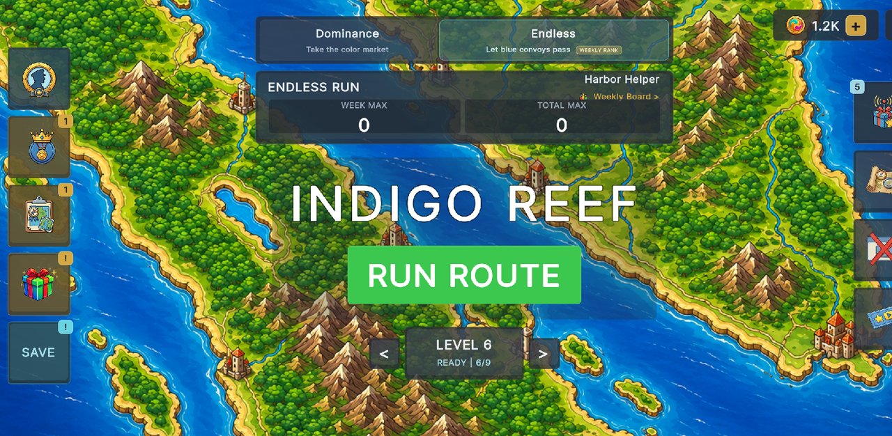 Hue Wars gameplay: level select screen for Indigo Reef with Endless and Dominance mode panels