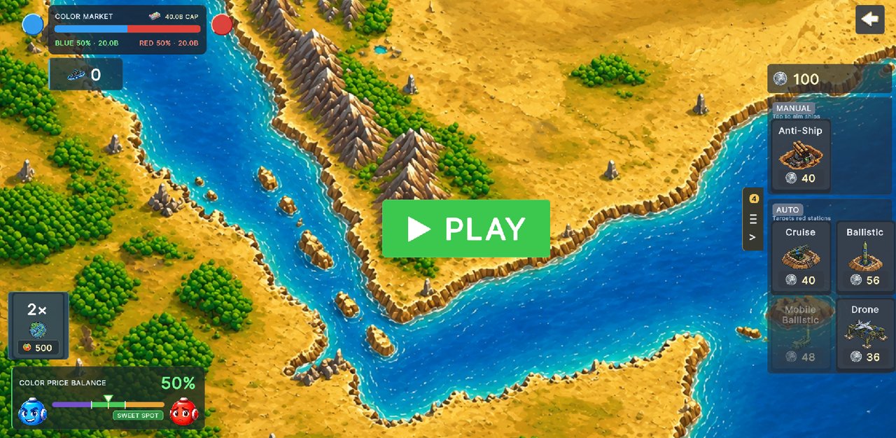 Hue Wars gameplay: toy-like boats and Blue defenses filling a busy Color Lands route